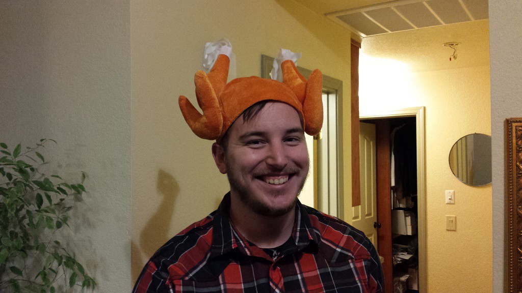 When we arrived for dinner Josh had a Turkey on his head!